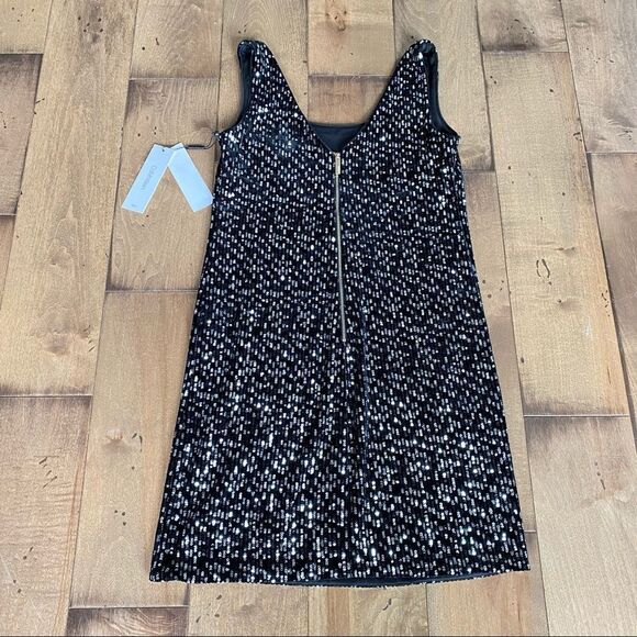 Calvin Klein Sleeveless Sequin Sheath Dress Scooped Back Black Silver 2 Mini Y2K - Picture 2 of 10